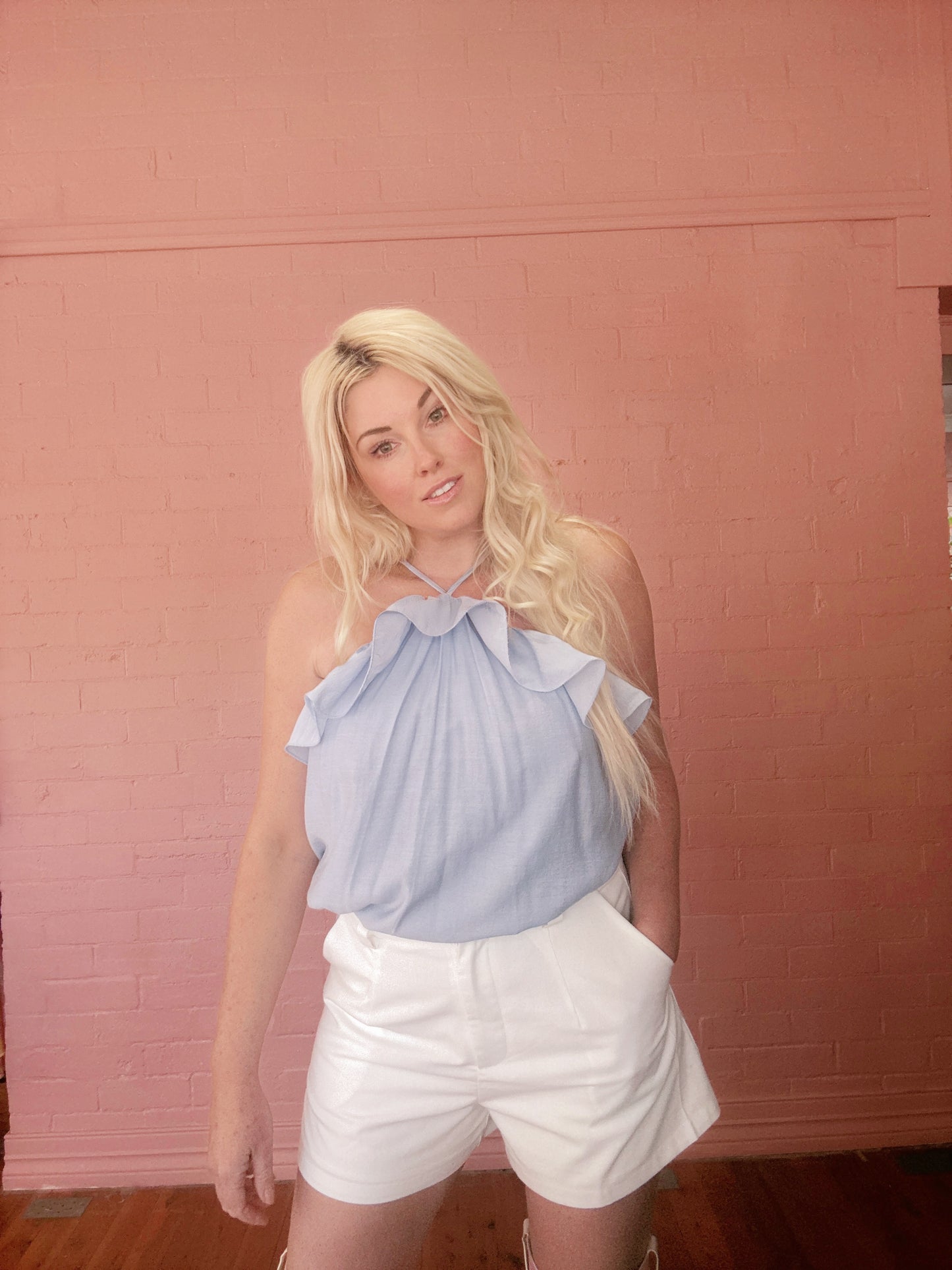 The Celeste Ruffle Halter Top – Sky Blue