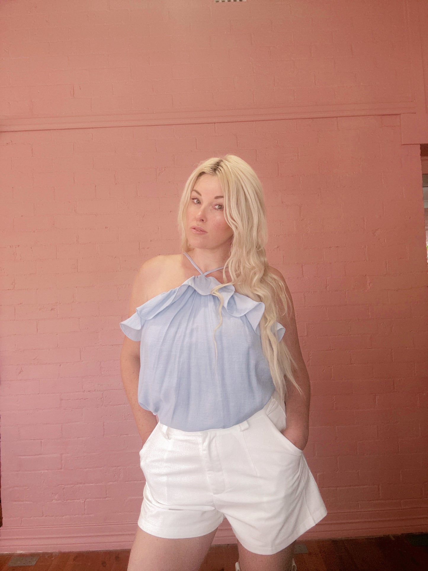 The Celeste Ruffle Halter Top – Sky Blue
