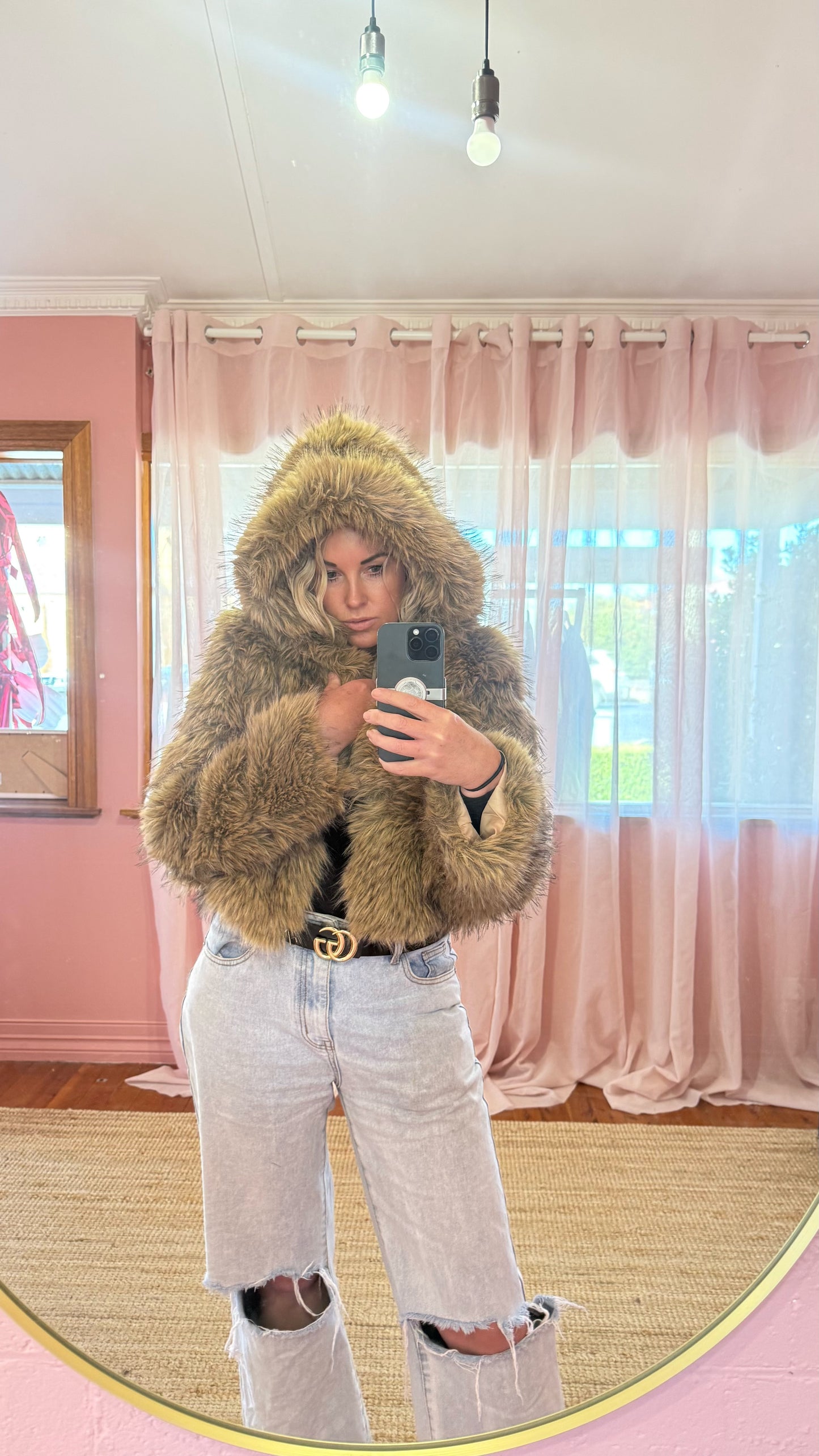 Mocha Luxe Hooded Fur Jacket