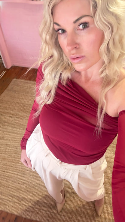 Crimson Cherie Asymmetric Mesh Top