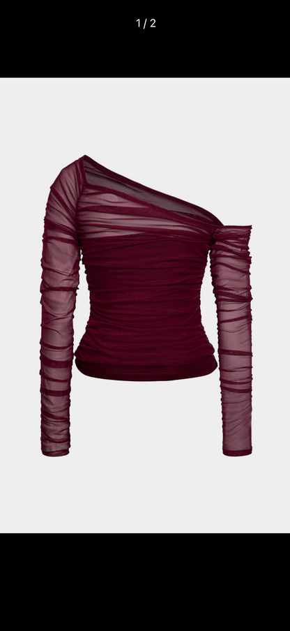 Crimson Cherie Asymmetric Mesh Top