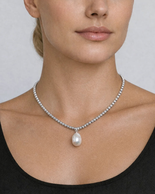 Odette Drop Freshwater Baroque Pearl Necklace Silver
