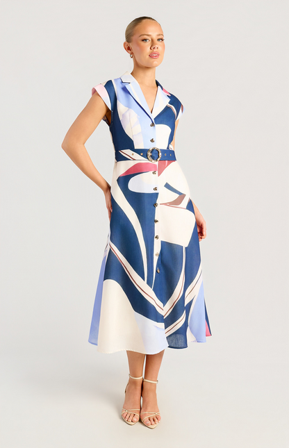 Retro Pop Swirl Belted Shirt Dress