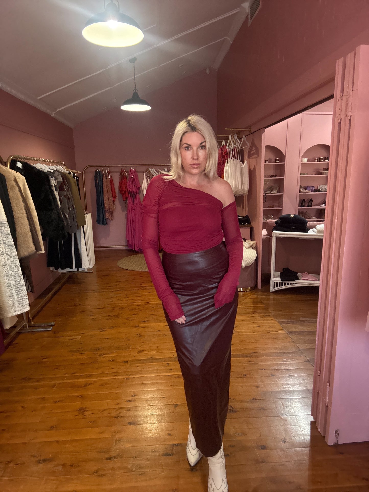 Crimson Cherie Asymmetric Mesh Top