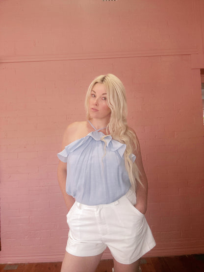 The Celeste Ruffle Halter Top – Sky Blue