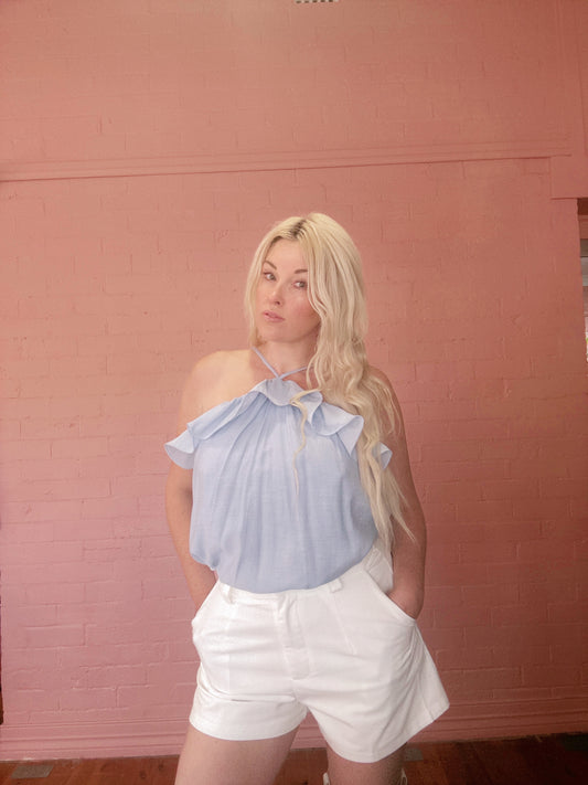 The Celeste Ruffle Halter Top – Sky Blue